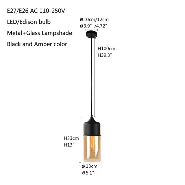 Verthara Premium Industrial Glass Pendant Light – Ceiling Mounted – Adjustable Height - Modern Retro Design - Indoor Lighting - Clear Glass - Black Metal Accents black and amberA-C