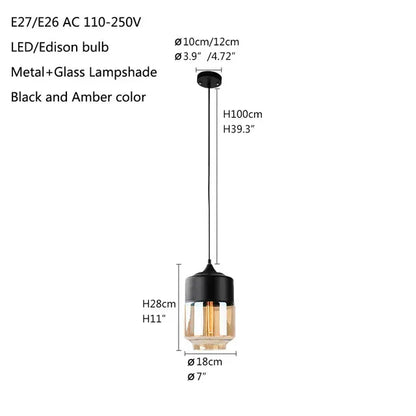 Verthara Premium Industrial Glass Pendant Light – Ceiling Mounted – Adjustable Height - Modern Retro Design - Indoor Lighting - Clear Glass - Black Metal Accents black and amberA-B