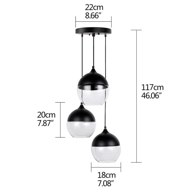 Verthara Premium Industrial Glass Pendant Light – Ceiling Mounted – Adjustable Height - Modern Retro Design - Indoor Lighting - Clear Glass - Black Metal Accents YY-P70BCD-3T