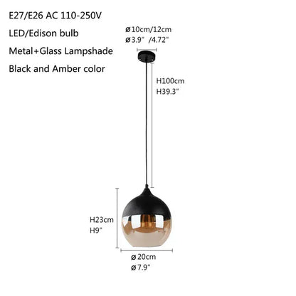 Verthara Premium Industrial Glass Pendant Light – Ceiling Mounted – Adjustable Height - Modern Retro Design - Indoor Lighting - Clear Glass - Black Metal Accents black and amberA-D