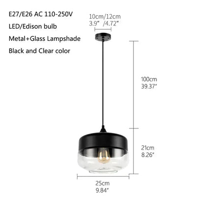 Verthara Premium Industrial Glass Pendant Light – Ceiling Mounted – Adjustable Height - Modern Retro Design - Indoor Lighting - Clear Glass - Black Metal Accents black and clearC-A