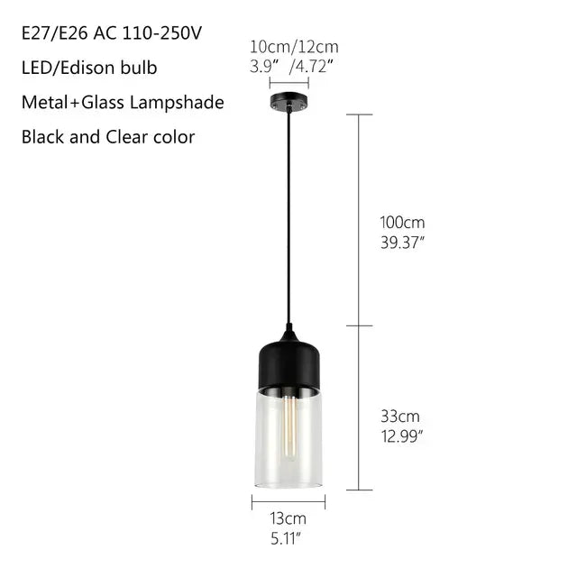 Verthara Premium Industrial Glass Pendant Light – Ceiling Mounted – Adjustable Height - Modern Retro Design - Indoor Lighting - Clear Glass - Black Metal Accents black and clearC-C