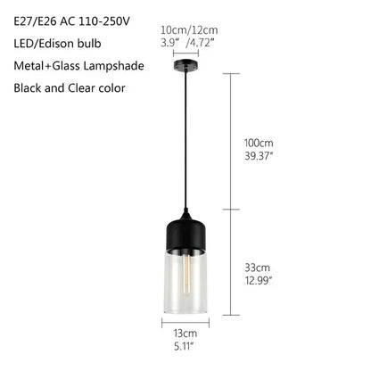 Verthara Premium Industrial Glass Pendant Light – Ceiling Mounted – Adjustable Height - Modern Retro Design - Indoor Lighting - Clear Glass - Black Metal Accents black and clearC-C