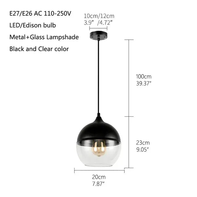 Verthara Premium Industrial Glass Pendant Light – Ceiling Mounted – Adjustable Height - Modern Retro Design - Indoor Lighting - Clear Glass - Black Metal Accents black and clearC-D
