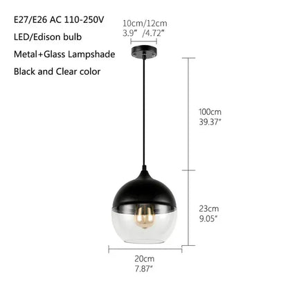 Verthara Premium Industrial Glass Pendant Light – Ceiling Mounted – Adjustable Height - Modern Retro Design - Indoor Lighting - Clear Glass - Black Metal Accents black and clearC-D