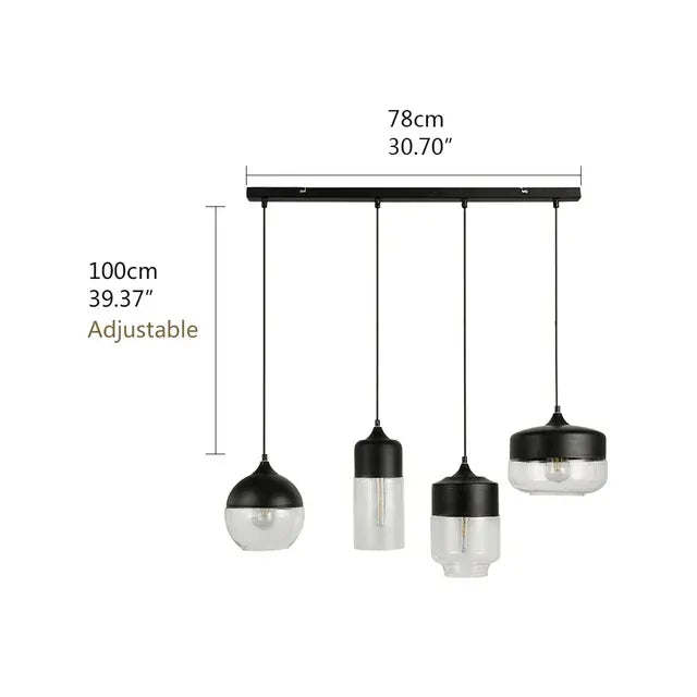 Verthara Premium Industrial Glass Pendant Light – Ceiling Mounted – Adjustable Height - Modern Retro Design - Indoor Lighting - Clear Glass - Black Metal Accents YY-P70BC-4