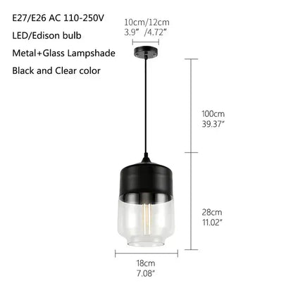 Verthara Premium Industrial Glass Pendant Light – Ceiling Mounted – Adjustable Height - Modern Retro Design - Indoor Lighting - Clear Glass - Black Metal Accents black and clearC-B