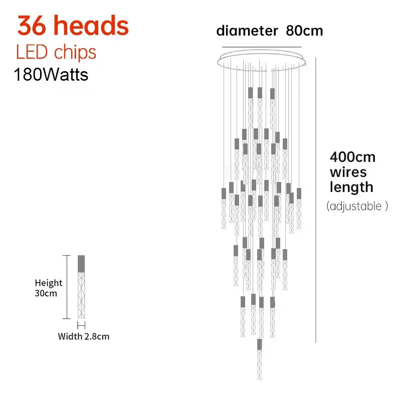 Verthara Premium K9 Crystal LED Pendant Light for Stairs & Living Room B 36 heads / Gold lamp body / Cold White