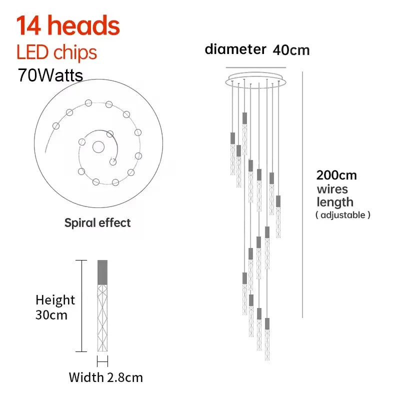 Verthara Premium K9 Crystal LED Pendant Light for Stairs & Living Room 14 heads / Black lamp body / Warm White