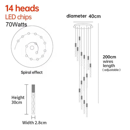 Verthara Premium K9 Crystal LED Pendant Light for Stairs & Living Room 14 heads / Black lamp body / Warm White