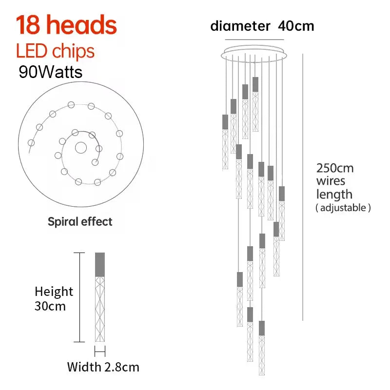 Verthara Premium K9 Crystal LED Pendant Light for Stairs & Living Room 18 heads / Silver lamp body / Warm White