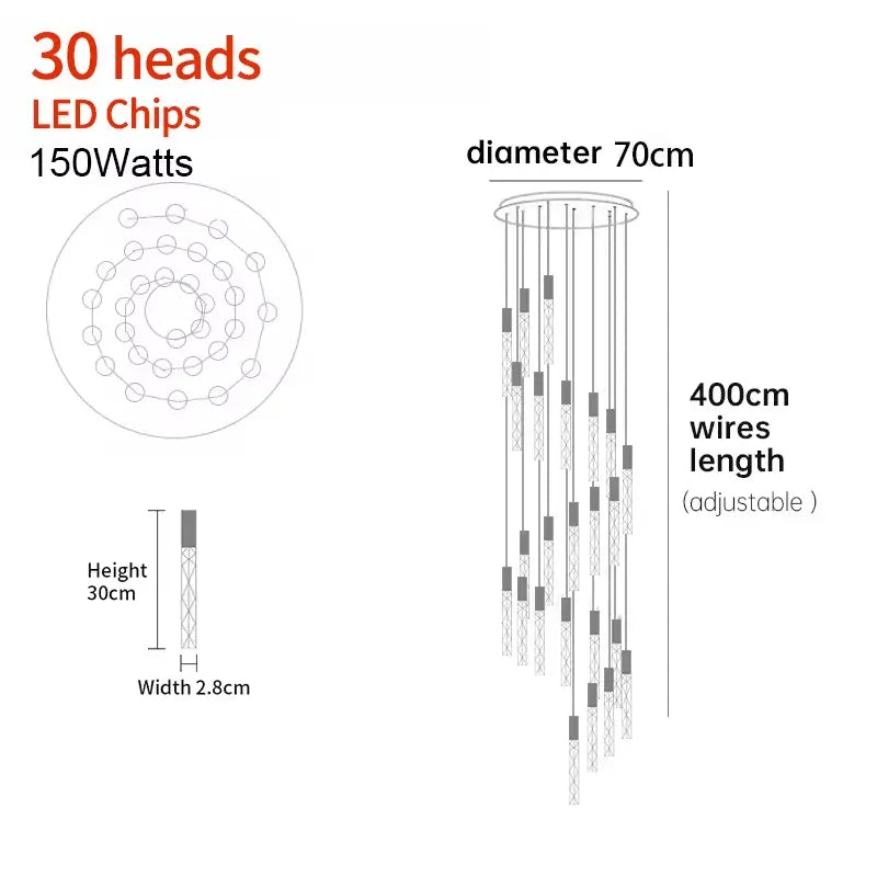 Verthara Premium K9 Crystal LED Pendant Light for Stairs & Living Room 30 heads / Black lamp body / Warm White