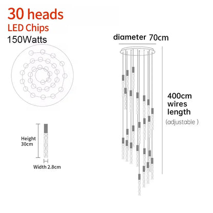 Verthara Premium K9 Crystal LED Pendant Light for Stairs & Living Room 30 heads / Black lamp body / Warm White