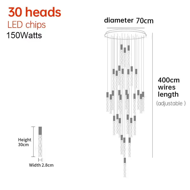 Verthara Premium K9 Crystal LED Pendant Light for Stairs & Living Room B 30 heads / Silver lamp body / Cold White