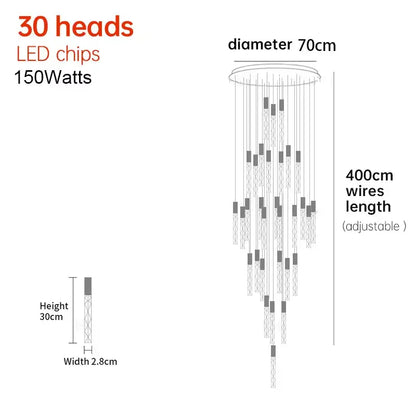 Verthara Premium K9 Crystal LED Pendant Light for Stairs & Living Room B 30 heads / Silver lamp body / Cold White