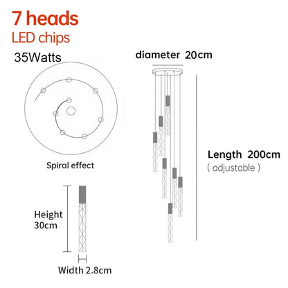 Verthara Premium K9 Crystal LED Pendant Light for Stairs & Living Room 7 heads / Gold lamp body / Warm White