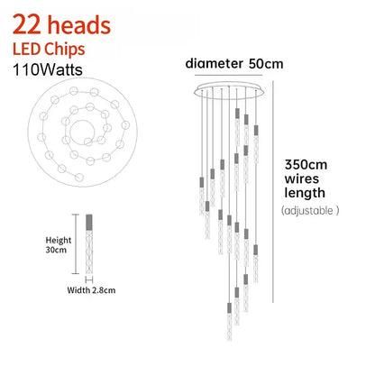 Verthara Premium K9 Crystal LED Pendant Light for Stairs & Living Room 22 heads / Gold lamp body / Warm White
