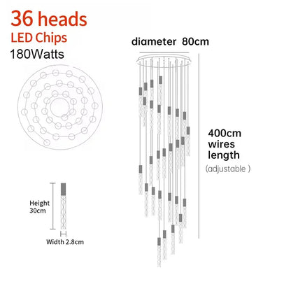 Verthara Premium K9 Crystal LED Pendant Light for Stairs & Living Room 36 heads / Silver lamp body / Warm White