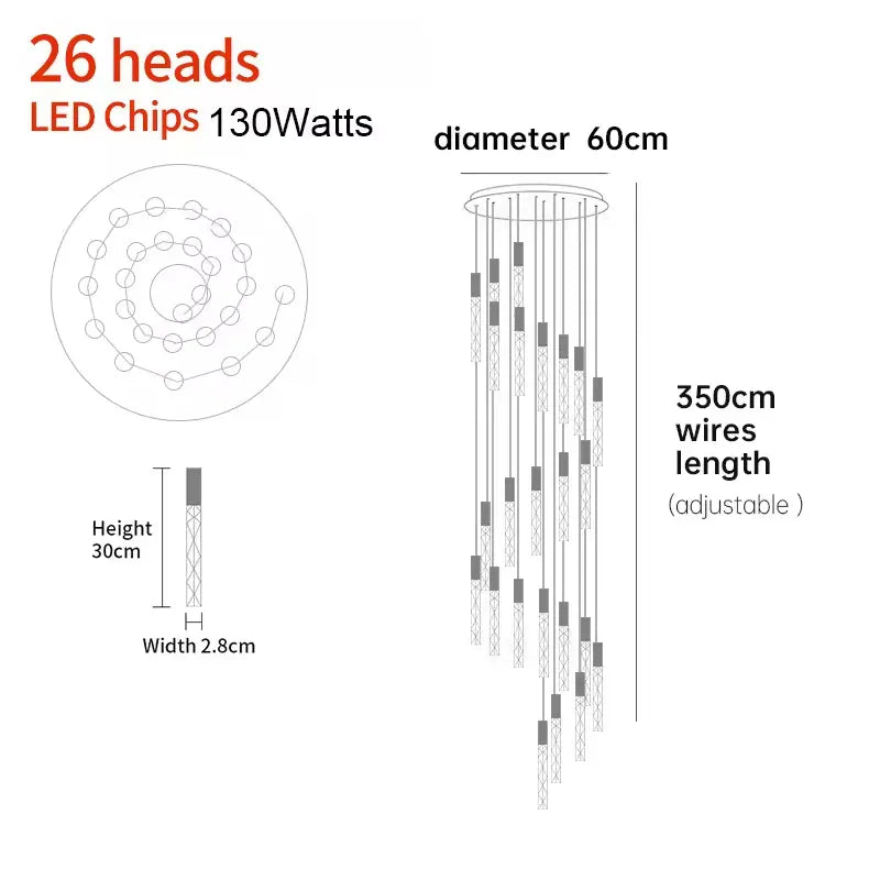 Verthara Premium K9 Crystal LED Pendant Light for Stairs & Living Room 26 heads / Silver lamp body / Warm White
