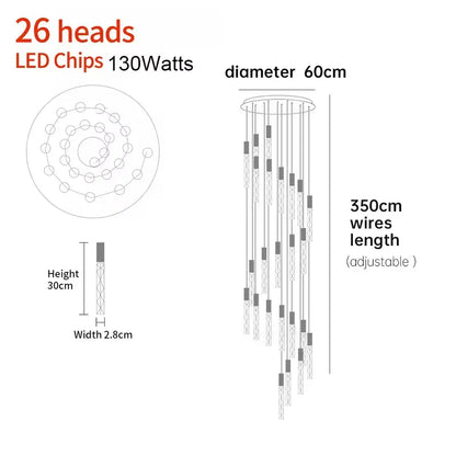 Verthara Premium K9 Crystal LED Pendant Light for Stairs & Living Room 26 heads / Silver lamp body / Warm White