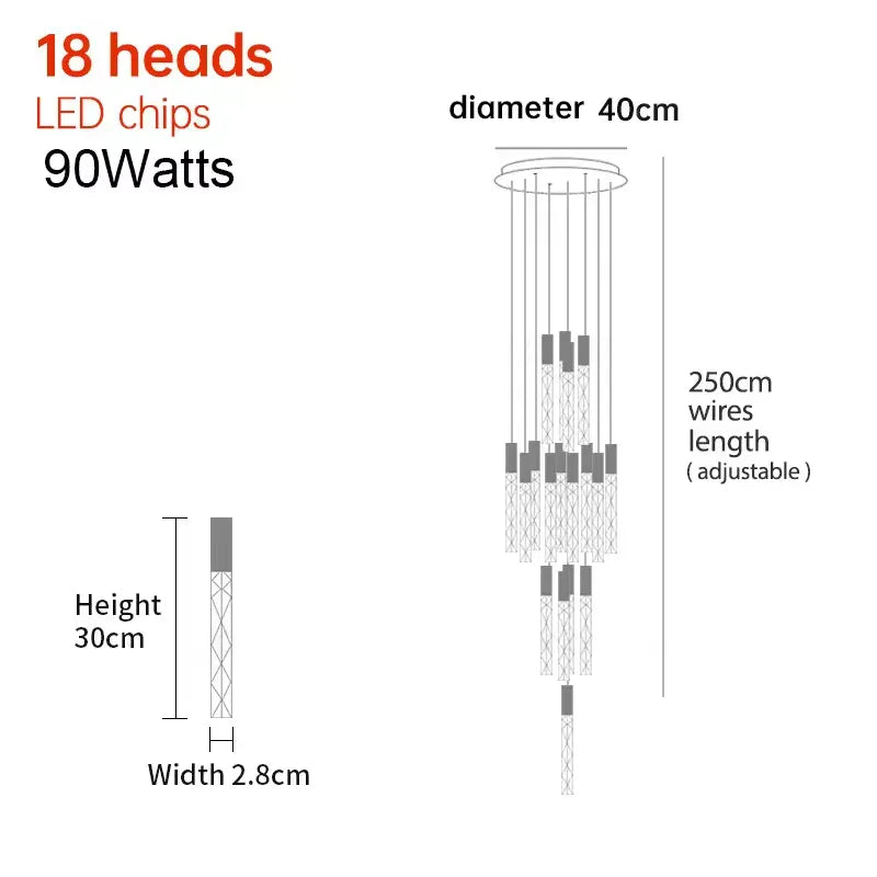 Verthara Premium K9 Crystal LED Pendant Light for Stairs & Living Room B  18 heads / Gold lamp body / Cold White