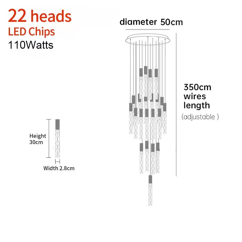 Verthara Premium K9 Crystal LED Pendant Light for Stairs & Living Room B  22 heads / Black lamp body / Cold White