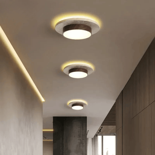 Verthara Premium LED Flush Mount Ceiling Light - Dimmable - Natural Yellow Stone - Walnut Finish - Indoor Lighting - 3000K/6000K Colour Temperature D22cm-Walnut color / Warm white
