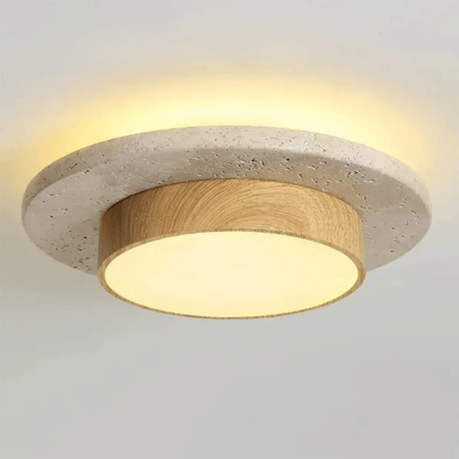 Verthara Premium LED Flush Mount Ceiling Light - Dimmable - Natural Yellow Stone - Walnut Finish - Indoor Lighting - 3000K/6000K Colour Temperature D22cm-Wood color / Warm white