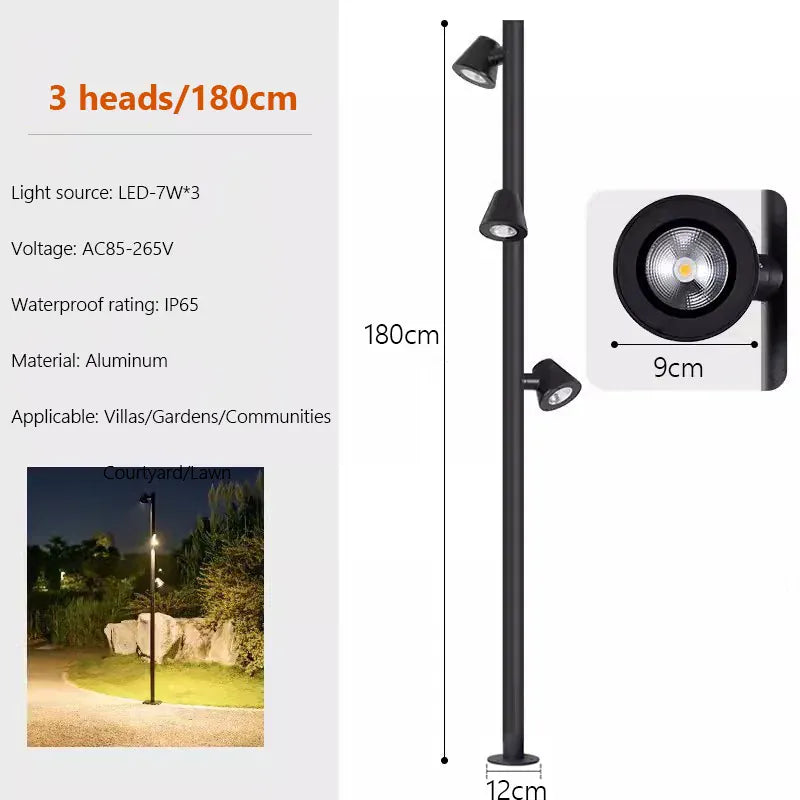 Verthara Premium LED Garden Spotlight With Multi-Head Rotation – Waterproof - Adjustable Brightness - Durable Aluminium - Energy Efficient Outdoor Lighting C 180cm