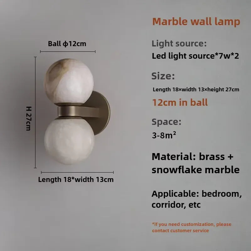 Verthara Premium Marble Bedside Wall Sconce Marble ball D12cm / Cool white