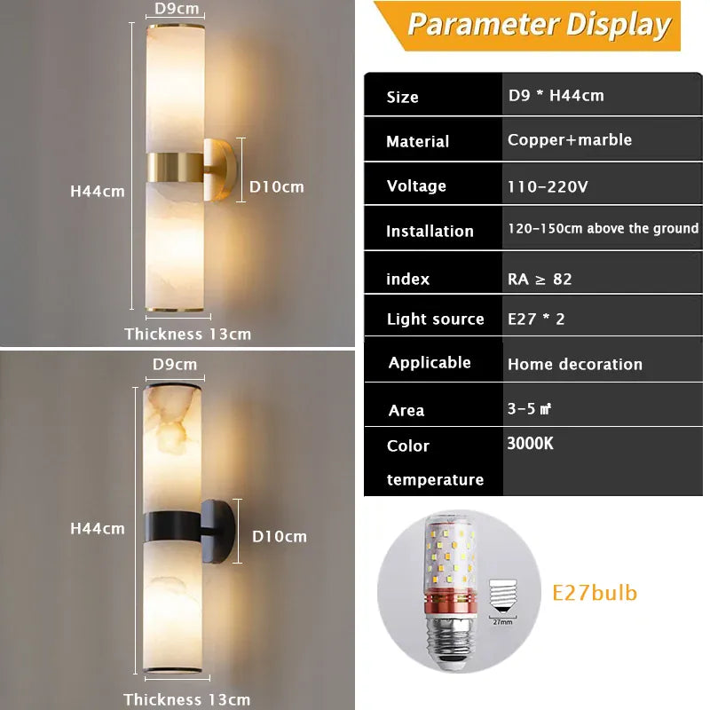 Verthara Premium Marble & Black Gold E27 Wall Sconce