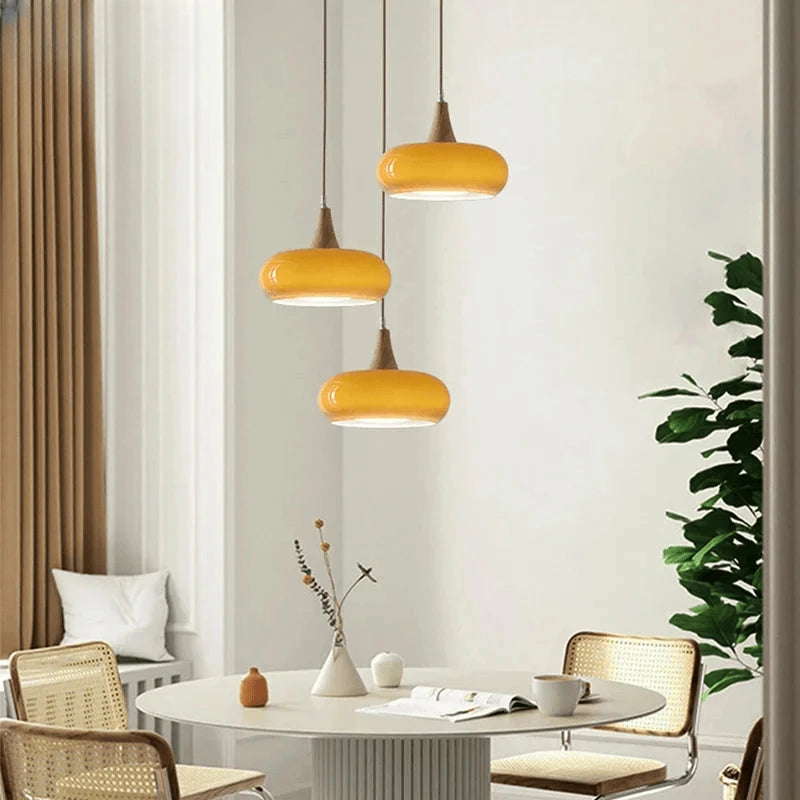 Verthara Premium Mid-Century Persimmon Glass & Wood Pendant Light
