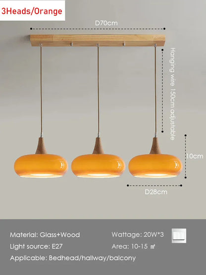 Verthara Premium Mid-Century Persimmon Glass & Wood Pendant Light 3 Heads Orange  Long / Cool white