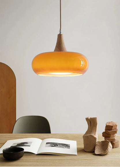 Verthara Premium Mid-Century Persimmon Glass & Wood Pendant Light