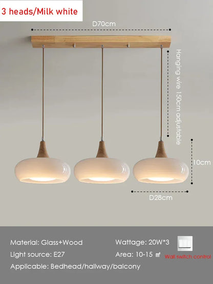 Verthara Premium Mid-Century Persimmon Glass & Wood Pendant Light 3 heads white Long / Cool white