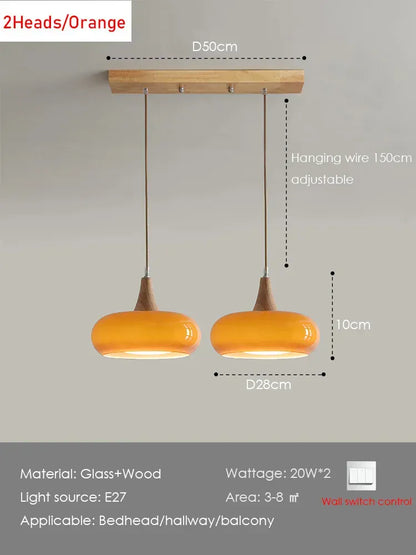 Verthara Premium Mid-Century Persimmon Glass & Wood Pendant Light 2 Heads Orange / Cool white