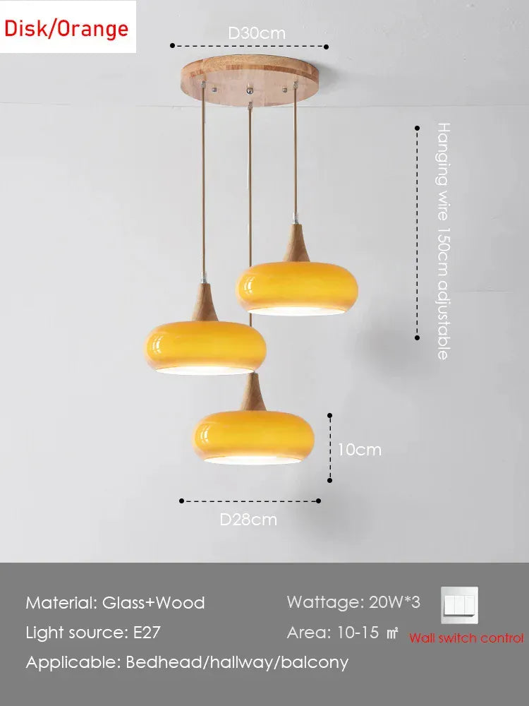 Verthara Premium Mid-Century Persimmon Glass & Wood Pendant Light 3-Heads Orange Round / Cool white