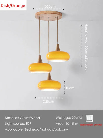 Verthara Premium Mid-Century Persimmon Glass & Wood Pendant Light 3-Heads Orange Round / Cool white