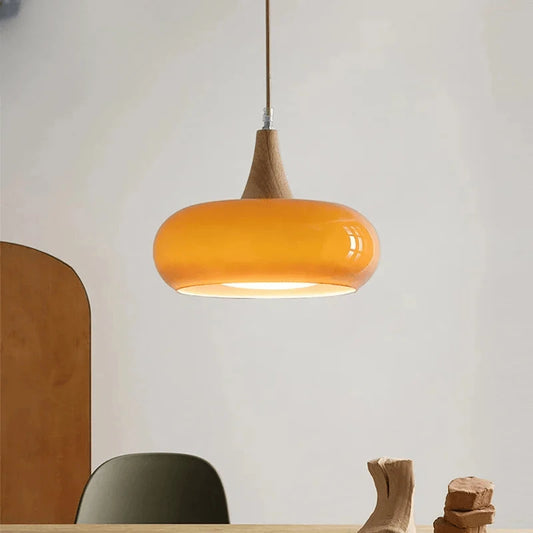 Verthara Premium Mid-Century Persimmon Glass & Wood Pendant Light