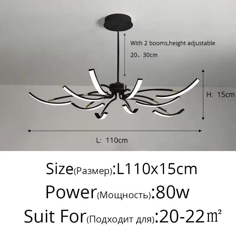 Verthara Premium Modern Black Chandelier with LED Dimmable Octopus Strips Design – Stylish Pendant Light for Living Room and Bedroom Black 10 heads / Remote Dimmable