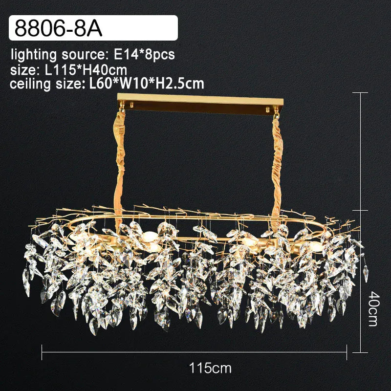 Verthara Premium Modern LED Chandelier - Adjustable Height - K9 Crystal Accents - Gold Finish - Indoor Lighting - E14 Compatible 8 heads / cool white