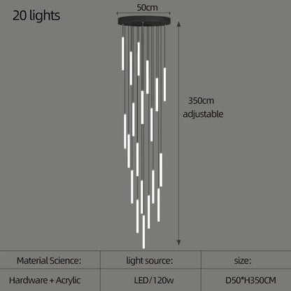 Verthara Premium Modern Rotating Acrylic Pendant Light for Staircase and Living Room – Energy Efficient Ceiling Fixture 20 lights / Black lamp body / Cold White