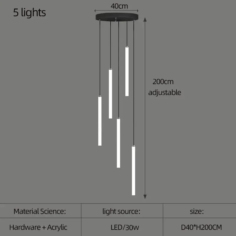 Verthara Premium Modern Rotating Acrylic Pendant Light for Staircase and Living Room – Energy Efficient Ceiling Fixture 5 lights / Black lamp body / Cold White