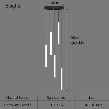 Verthara Premium Modern Rotating Acrylic Pendant Light for Staircase and Living Room – Energy Efficient Ceiling Fixture 5 lights / Black lamp body / Cold White