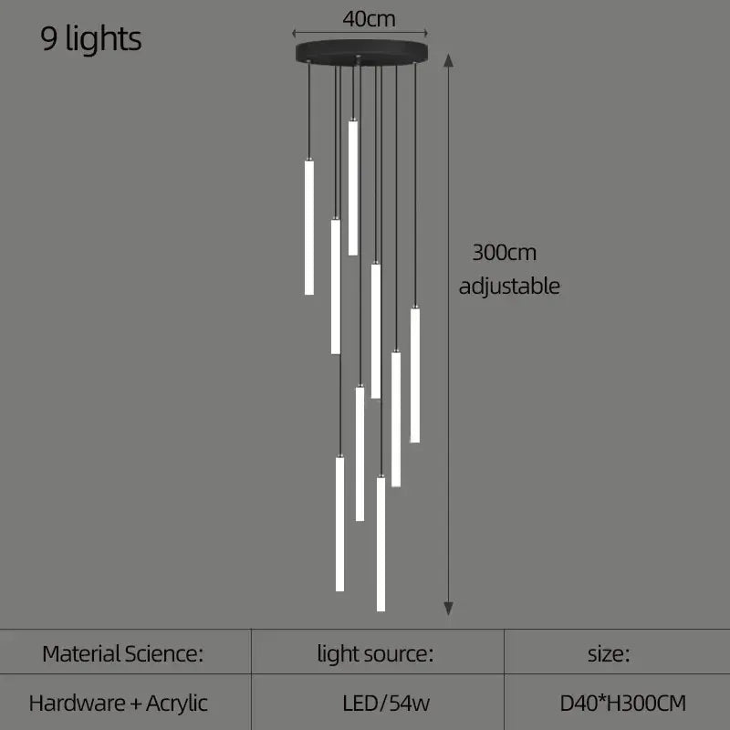 Verthara Premium Modern Rotating Acrylic Pendant Light for Staircase and Living Room – Energy Efficient Ceiling Fixture 9 lights / Gold lamp body / Cold White