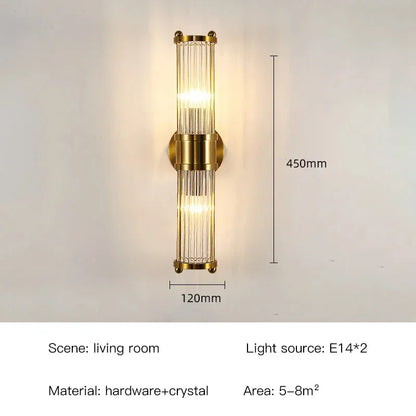 Verthara Premium Modern Wall Light With Gold Plated Finish – E14 LED Compatible - Clear Crystal - Adjustable Warm/White Light - Indoor Wall Sconce Cool White(5500-7000K) / 2 heads H45cm