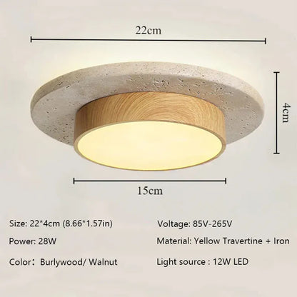 Verthara Premium Natural Yellow Stone Flush Mount Ceiling Light – 22cm LED 28W Fixture with Dual Color Temperature for Living Room and Corridors D22cm-Wood color / Cold White