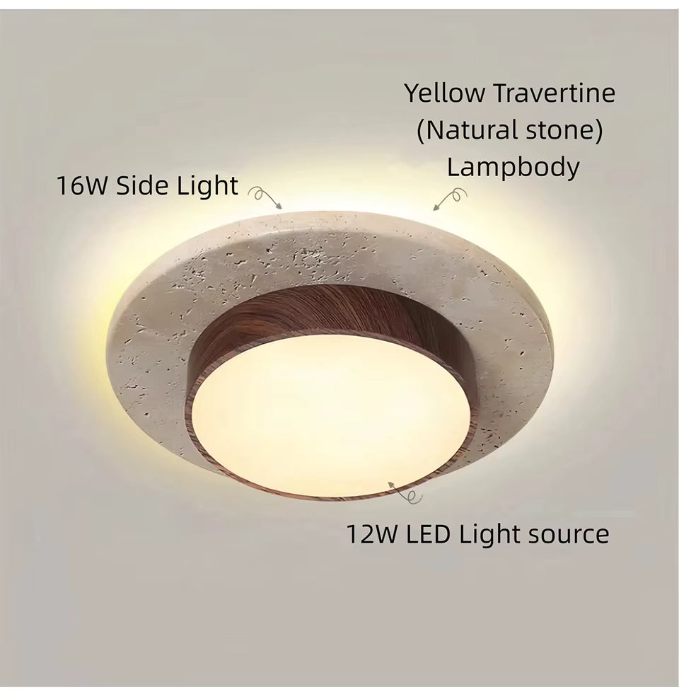 Verthara Premium Natural Yellow Stone Flush Mount Ceiling Light – 22cm LED 28W Fixture with Dual Color Temperature for Living Room and Corridors