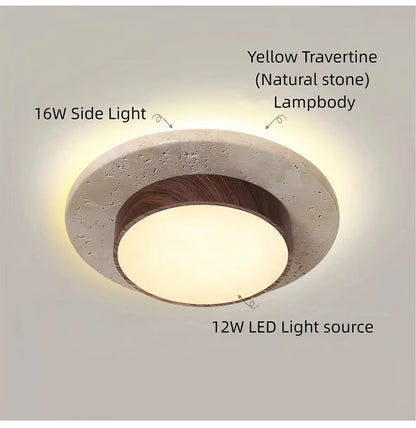 Verthara Premium Natural Yellow Stone Flush Mount Ceiling Light – 22cm LED 28W Fixture with Dual Color Temperature for Living Room and Corridors