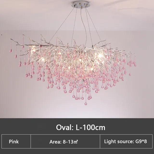 Verthara Premium Pink Crystal Princess Room Chandelier Long 100cm / blue crystal / cold  white